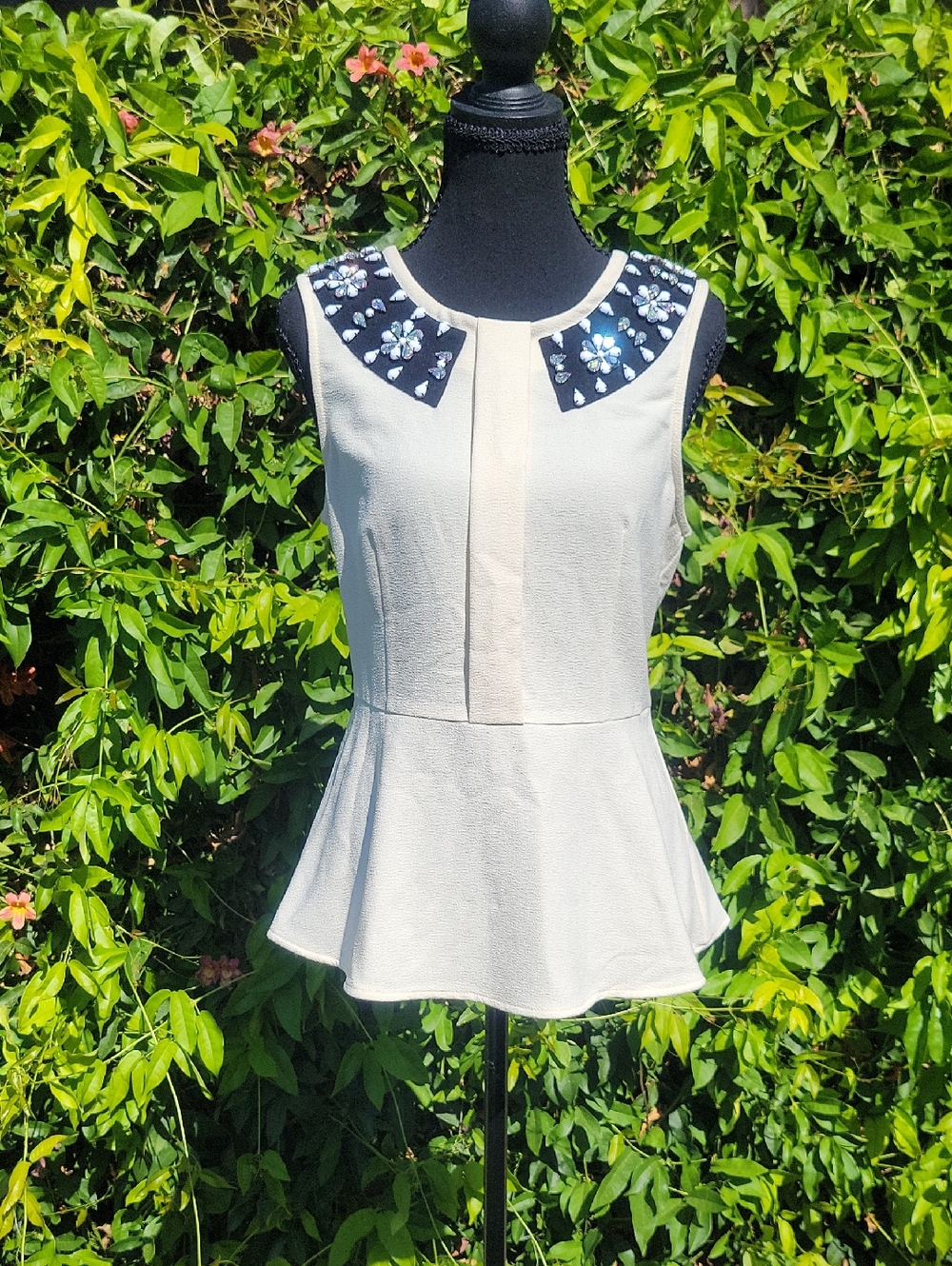 Sleeveless Cream Peplum Top With Jewel Embellished Yolk L